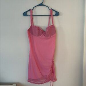 brand new! i am gia pink bow and lace trim ruched side thin strap mini dress🩷